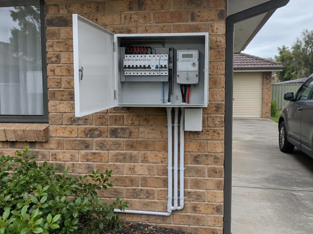 Open outdoor switchboard on a brick wall beside a driveway and window in Woongarrah